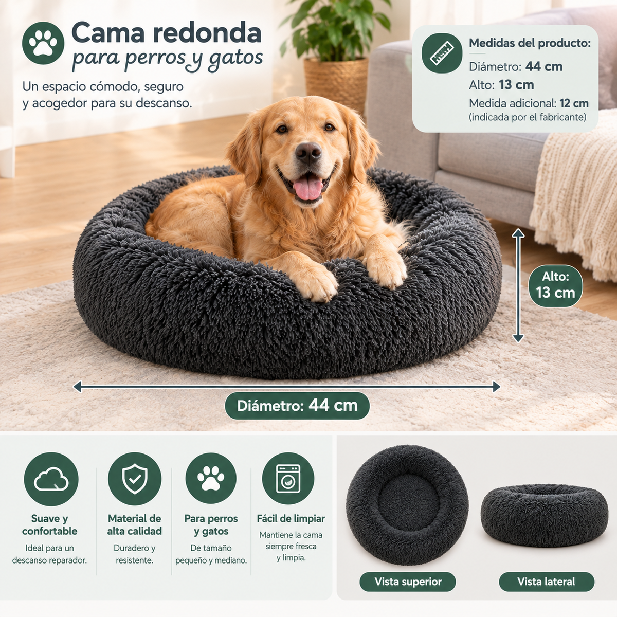 Cama Redonda Antiestrés para Perros y Gatos